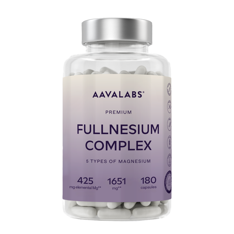 A clear supplement bottle of Aavalabs Fullnesium Complex with a silver cap and a lavender gradient label, containing 180 white capsules.