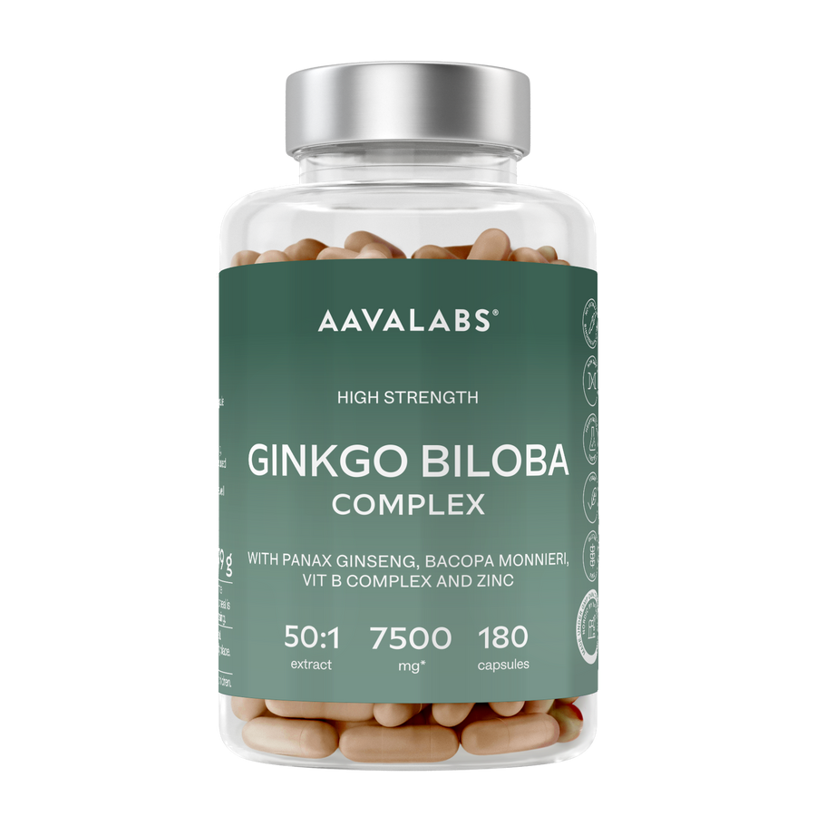 A clear supplement bottle filled with tan capsules, featuring a dark green label with white text that reads 'AAVALABS GINKGO BILOBA COMPLEX' and a metallic silver cap, on a plain white background.