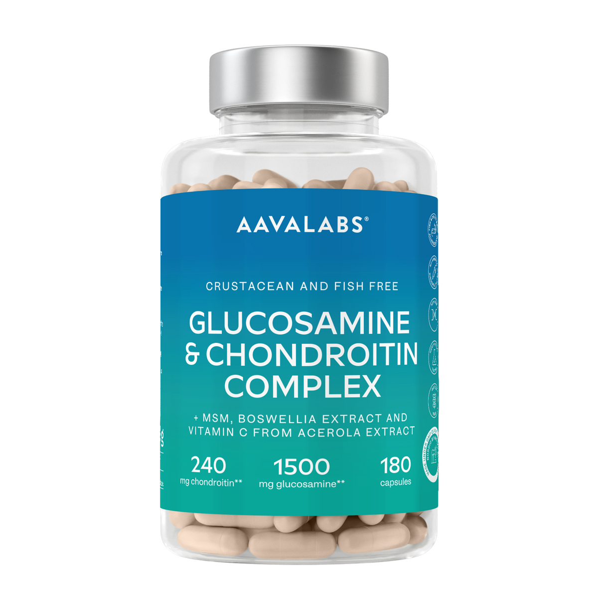 A clear supplement bottle with a silver cap and a blue label reading AAVALABS Glucosamine & Chondroitin Complex, filled with beige capsules, on a white background.