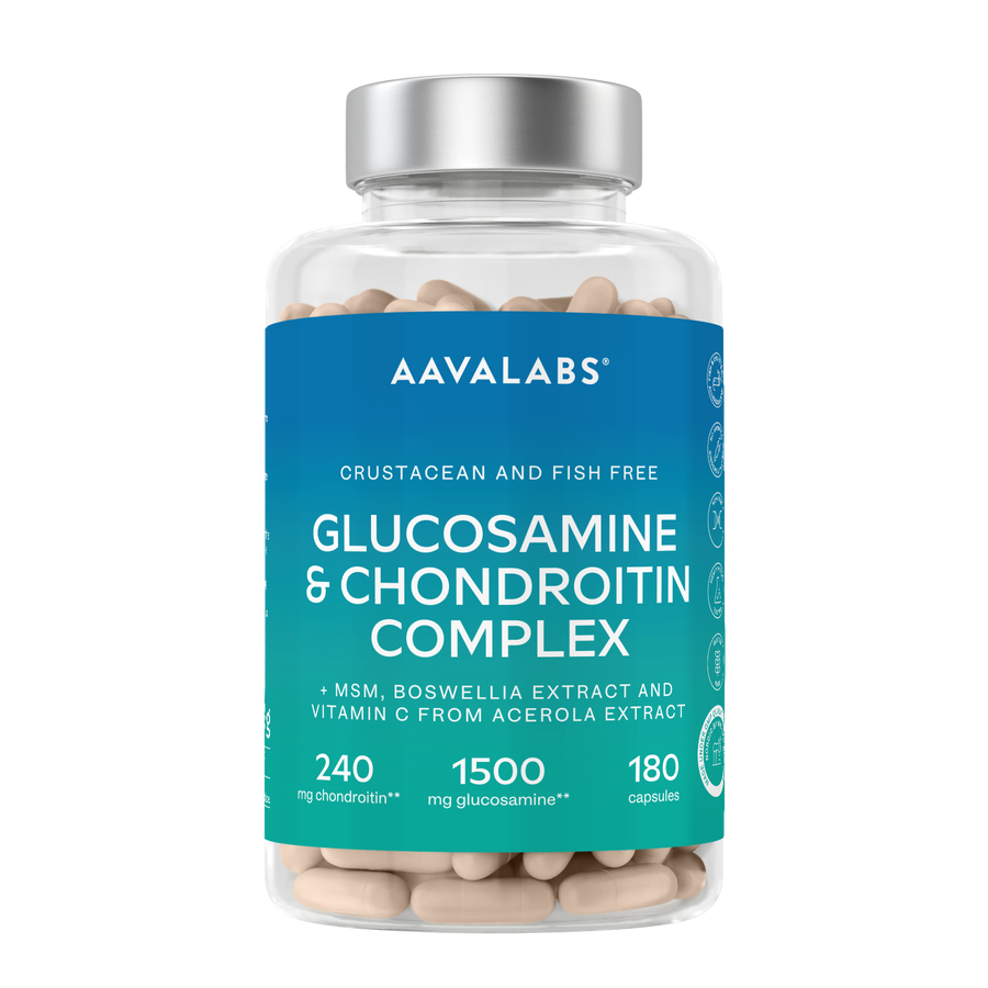 A clear supplement bottle with a silver cap and a blue label reading AAVALABS Glucosamine & Chondroitin Complex, filled with beige capsules, on a white background.