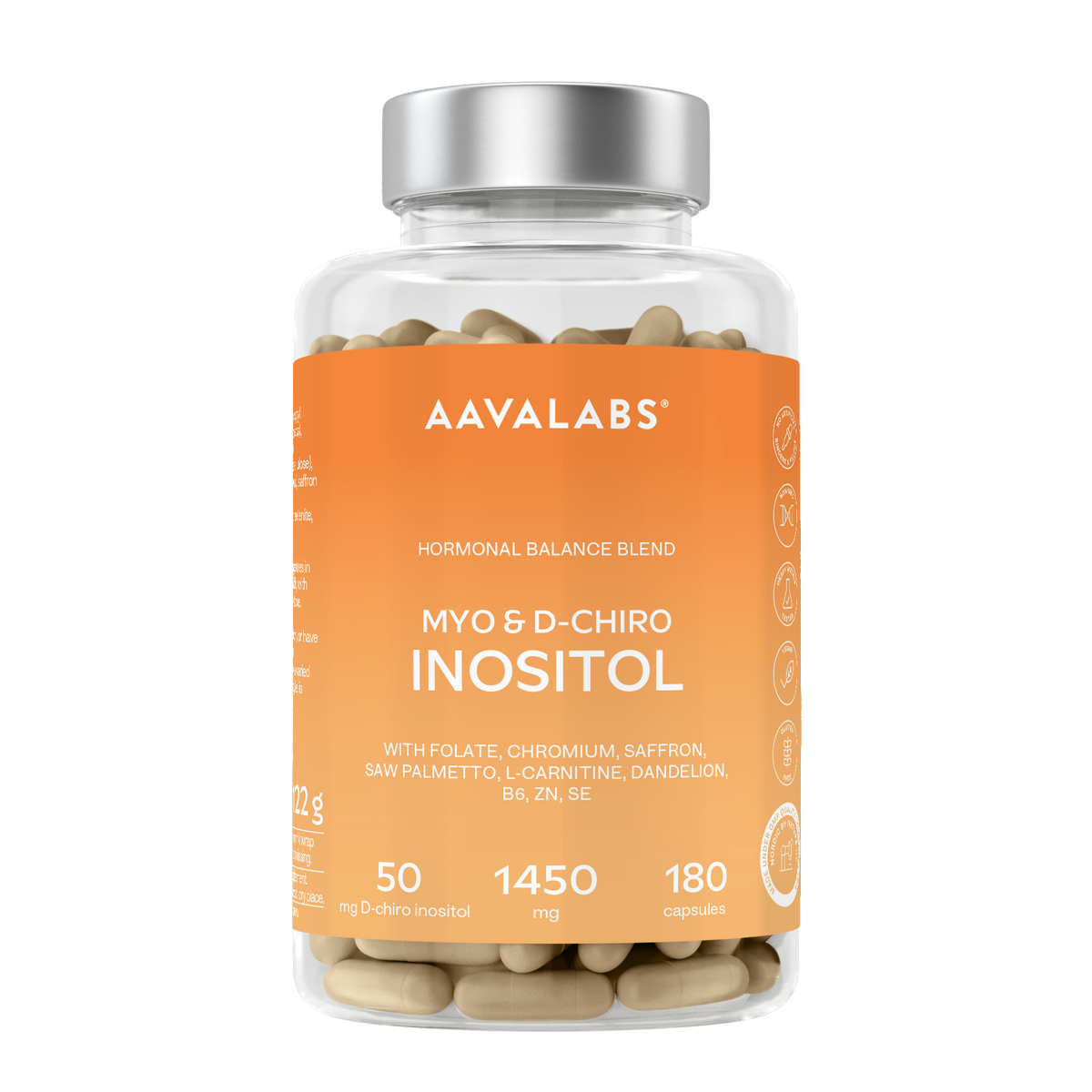 A clear plastic supplement bottle with a silver cap and a bright orange label reading AAVALABS MYO & D-CHIRO INOSITOL, filled with light tan capsules, on a white background.