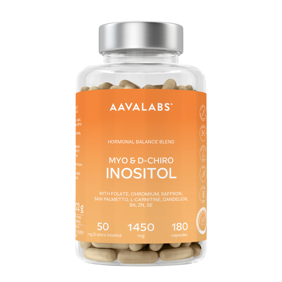 A clear plastic supplement bottle with a silver cap and a bright orange label reading AAVALABS MYO & D-CHIRO INOSITOL, filled with light tan capsules, on a white background.