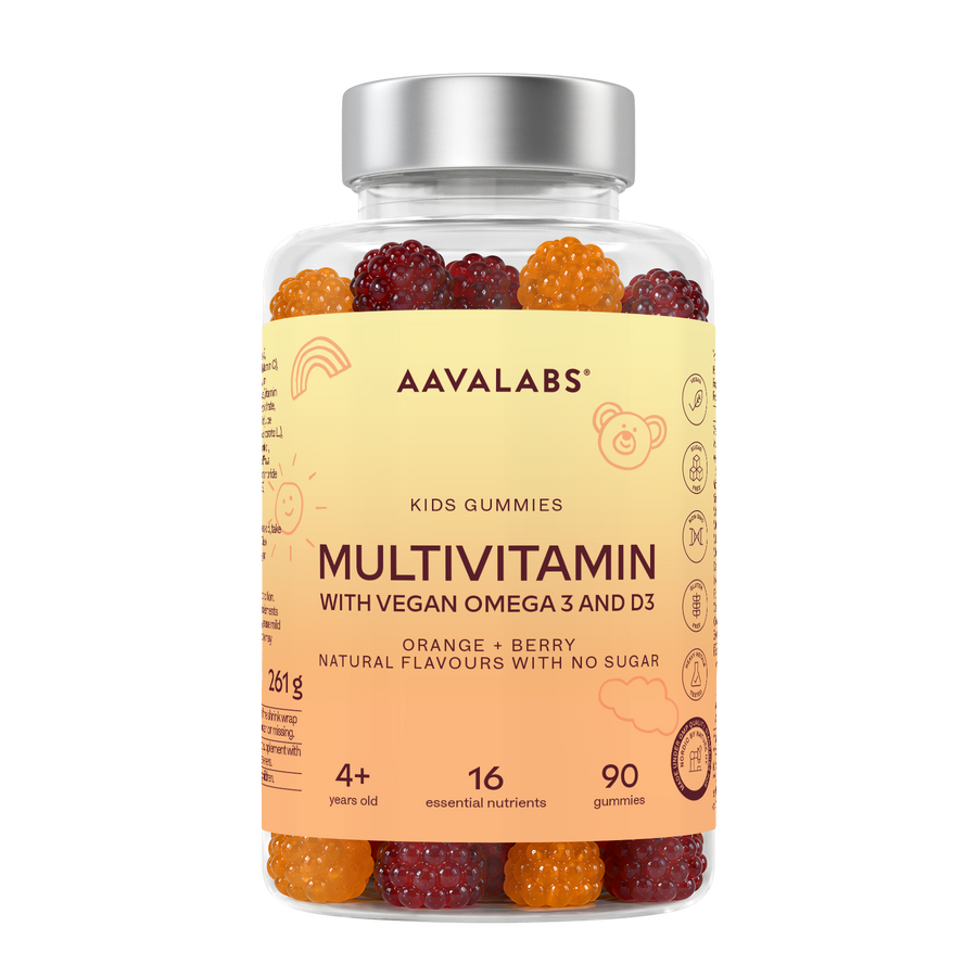 A bottle of Aavalabs Kids Gummies Multivitamin with orange and berry gummies visible through a clear plastic bottle with a silver cap and a yellow label.