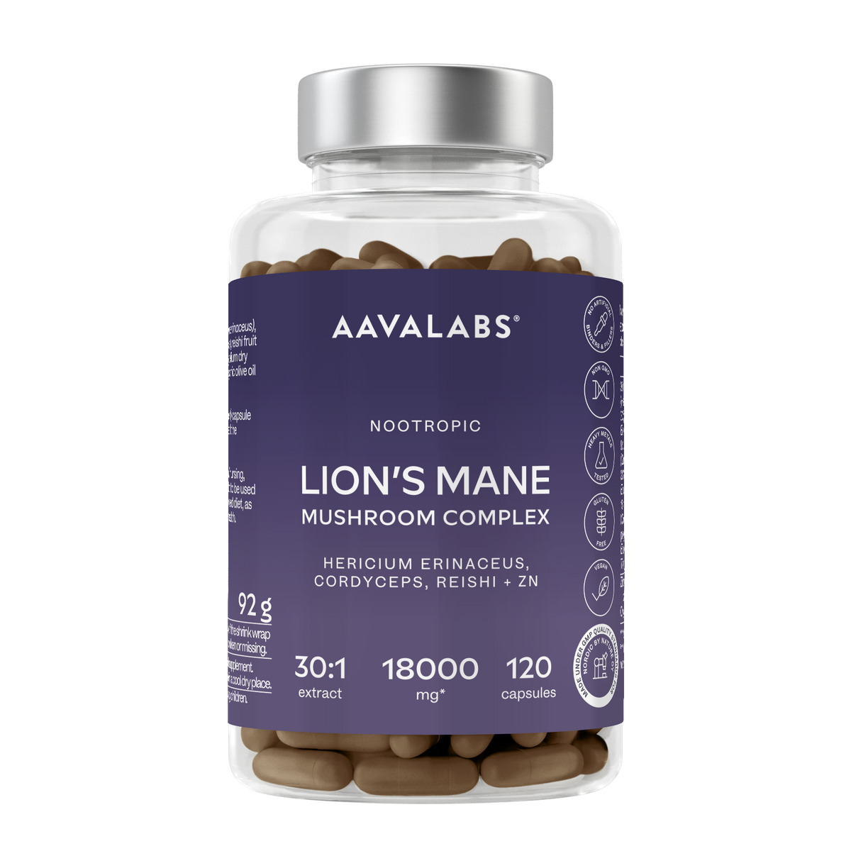 A clear supplement bottle filled with brown capsules, featuring a dark purple label with white text. The brand AAVALABS is clearly visible at the top of the label.