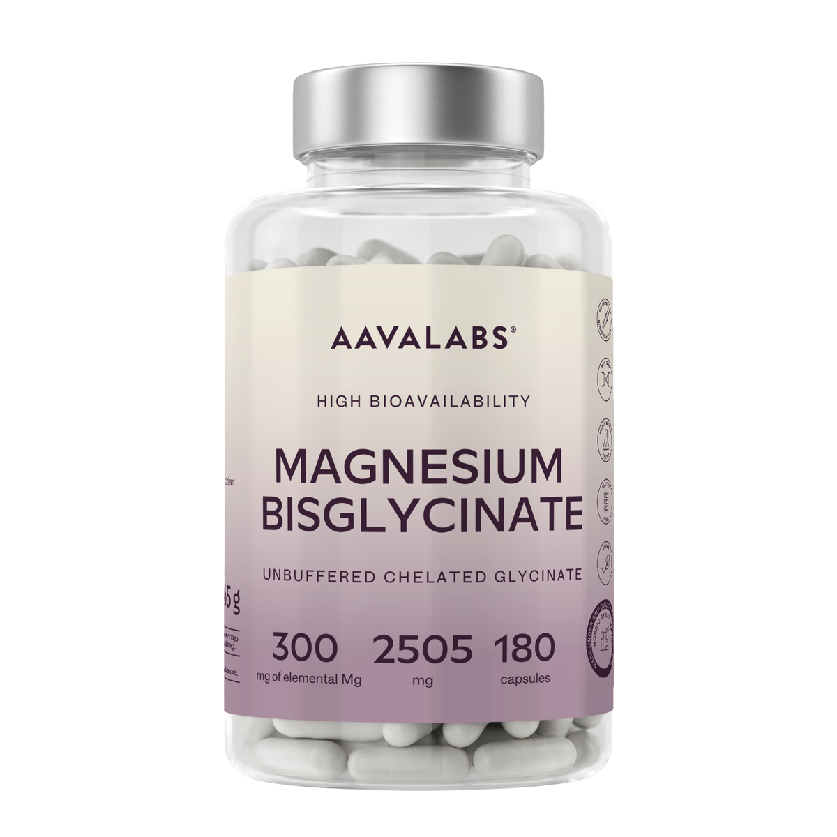 A clear supplement bottle of Aavalabs Magnesium Bisglycinate capsules with a cream and lavender label and a silver cap, shown on a white background.