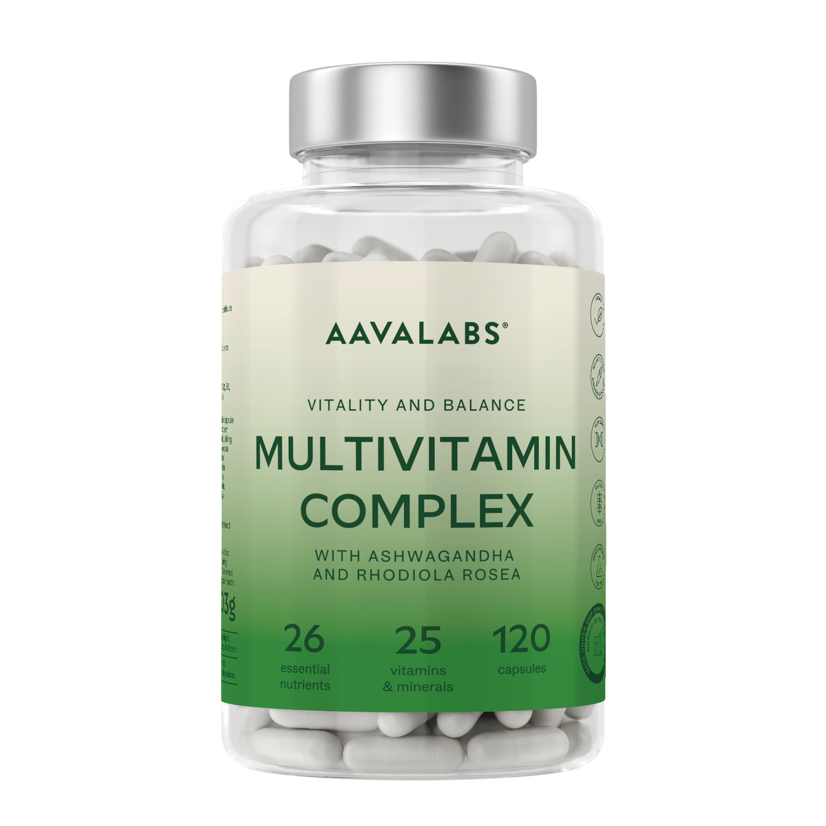A clear plastic bottle of Aavalabs Multivitamin Complex capsules with a silver cap and a green-to-cream label, shown on a plain white background.