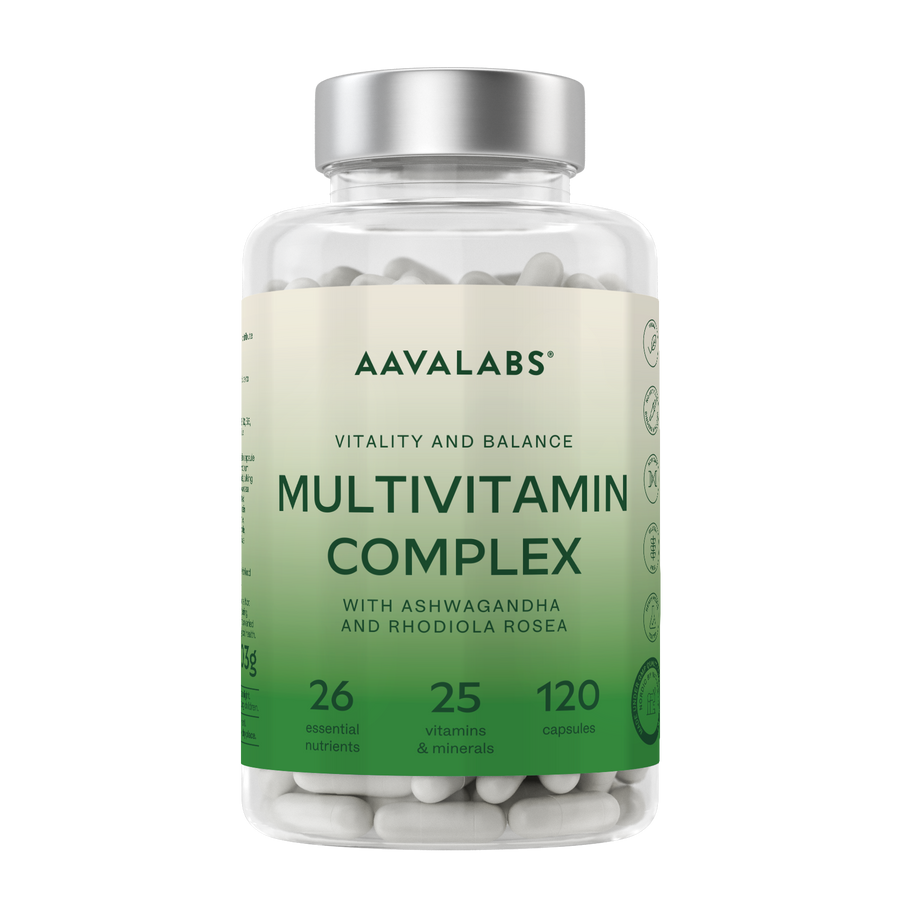 A clear plastic bottle of Aavalabs Multivitamin Complex capsules with a silver cap and a green-to-cream label, shown on a plain white background.