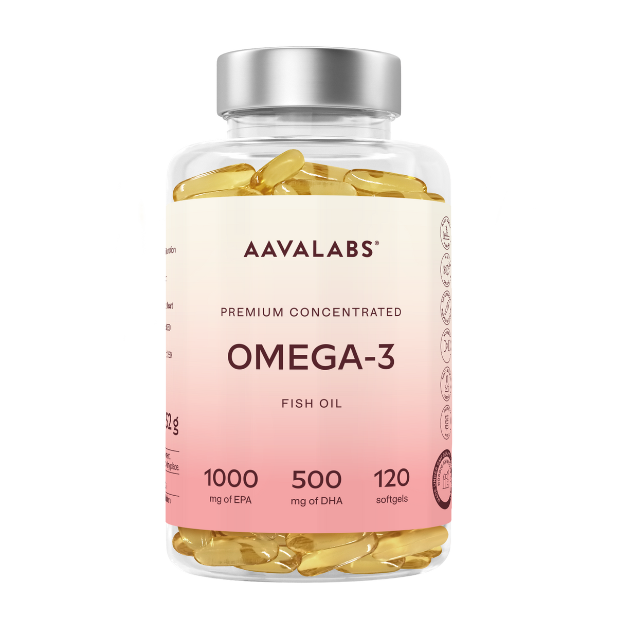 A clear supplement bottle filled with yellow softgel capsules, featuring a white and pink label with the brand name AAVALABS and the product name OMEGA-3 FISH OIL, topped with a metallic silver cap, on a solid white background.