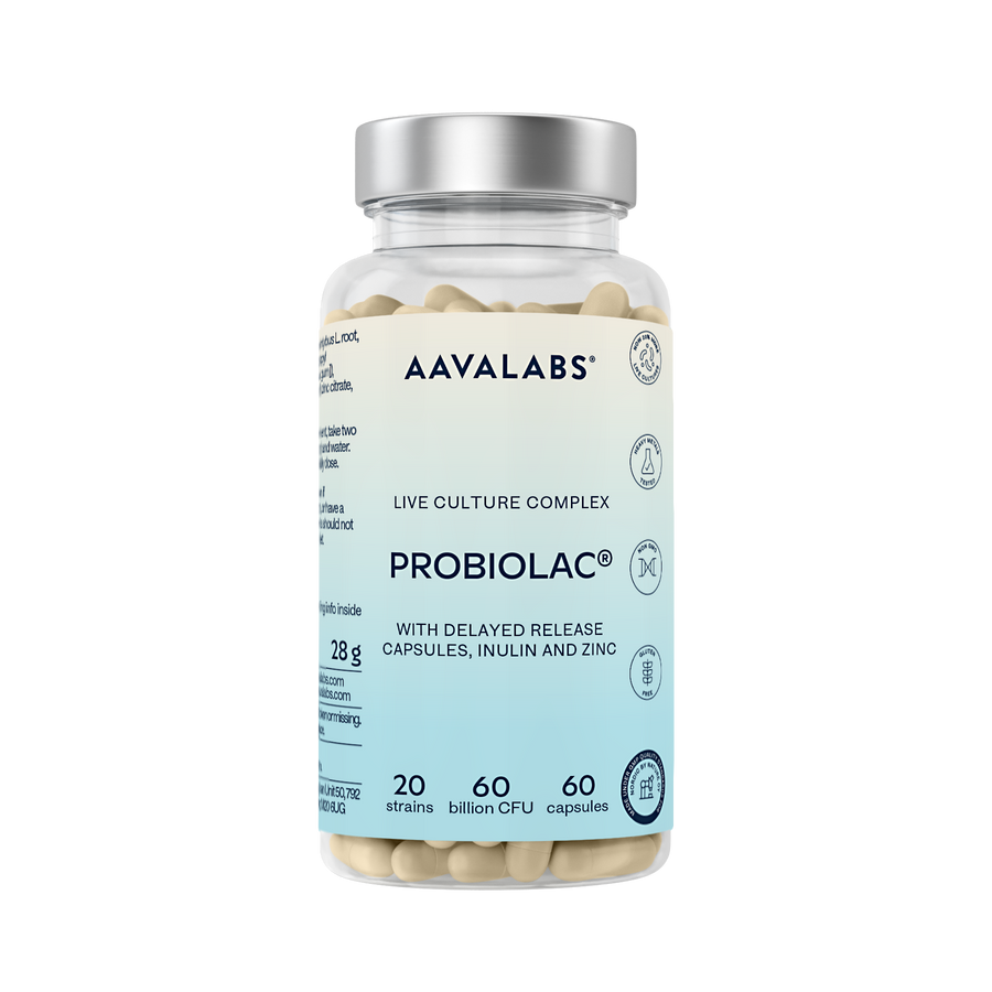 A clear plastic bottle of Aavalabs Probiolac live culture complex capsules with a silver cap and a white-to-light-blue label, shown on a plain white background.