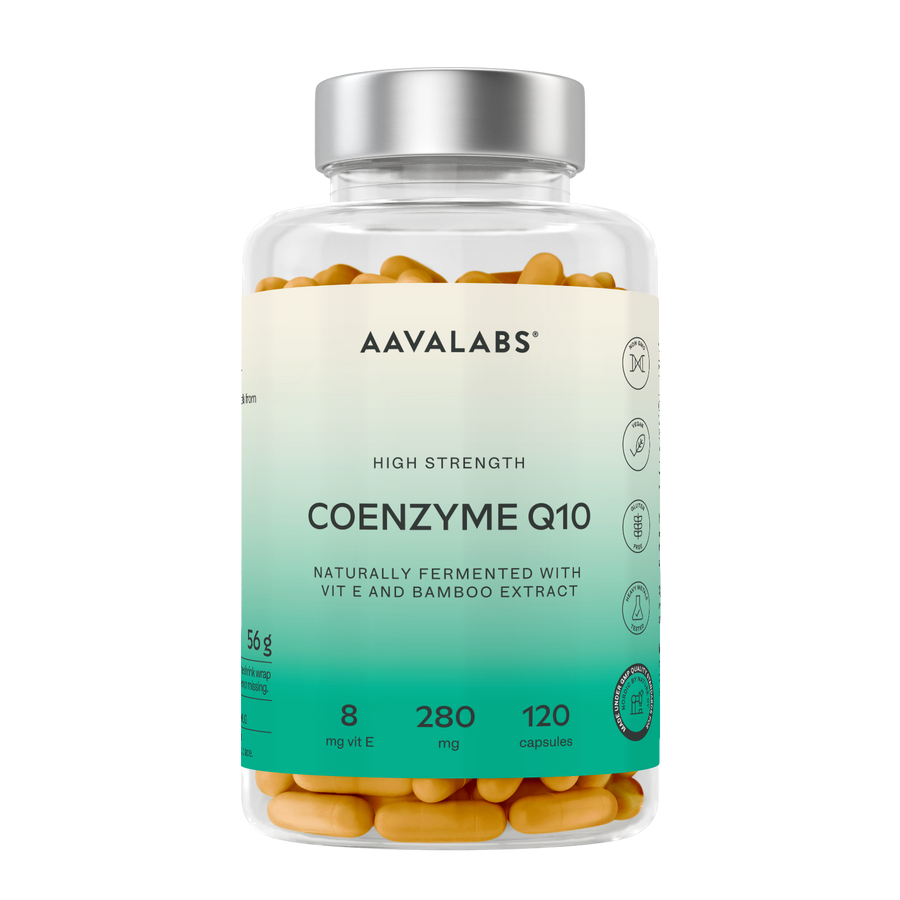 A clear plastic bottle of AAVALABS Coenzyme Q10 dietary supplements, filled with yellow-orange capsules and featuring a white-to-teal gradient label with a silver cap.