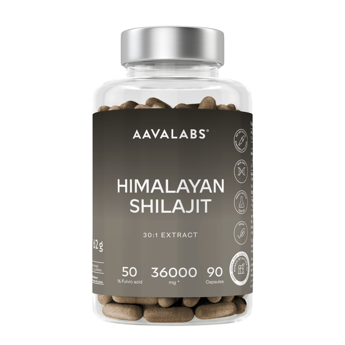 A clear plastic bottle of AAVALABS Himalayan Shilajit 30:1 Extract capsules with a dark brown label and a silver cap, shown on a plain white background.