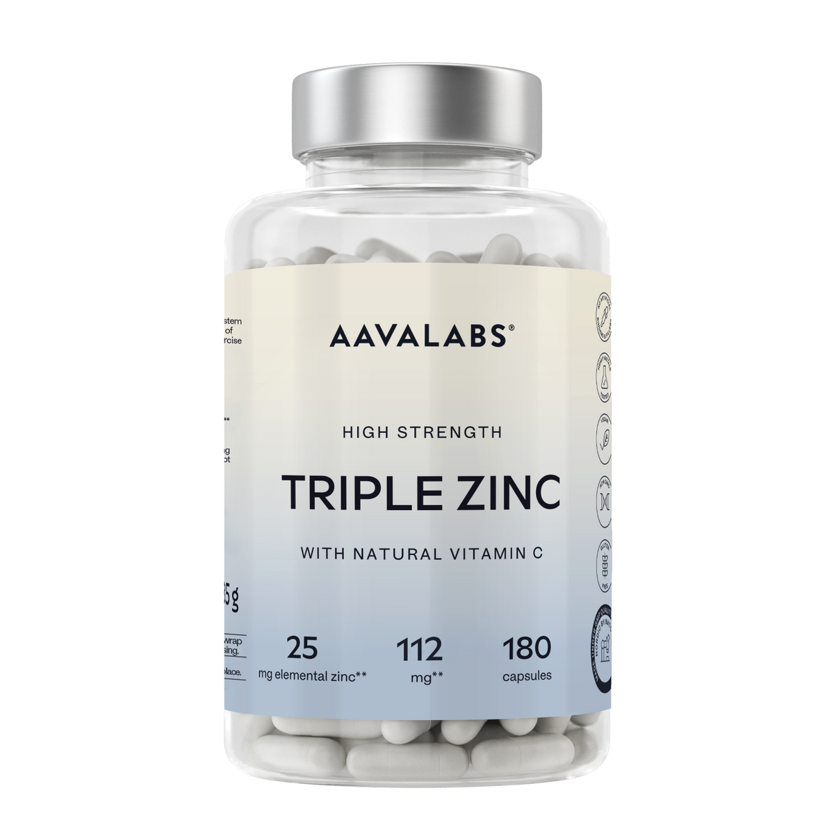 A clear plastic bottle of Aavalabs Triple Zinc supplement with a silver cap and a cream-to-light-blue label, filled with white capsules, on a white background.