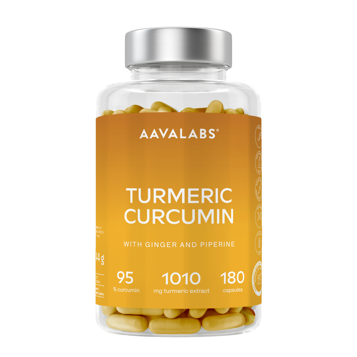 A clear supplement bottle filled with yellow turmeric curcumin capsules, featuring a metallic silver cap and a bright orange label with white text. The brand AAYALABS is clearly visible at the top of the label.