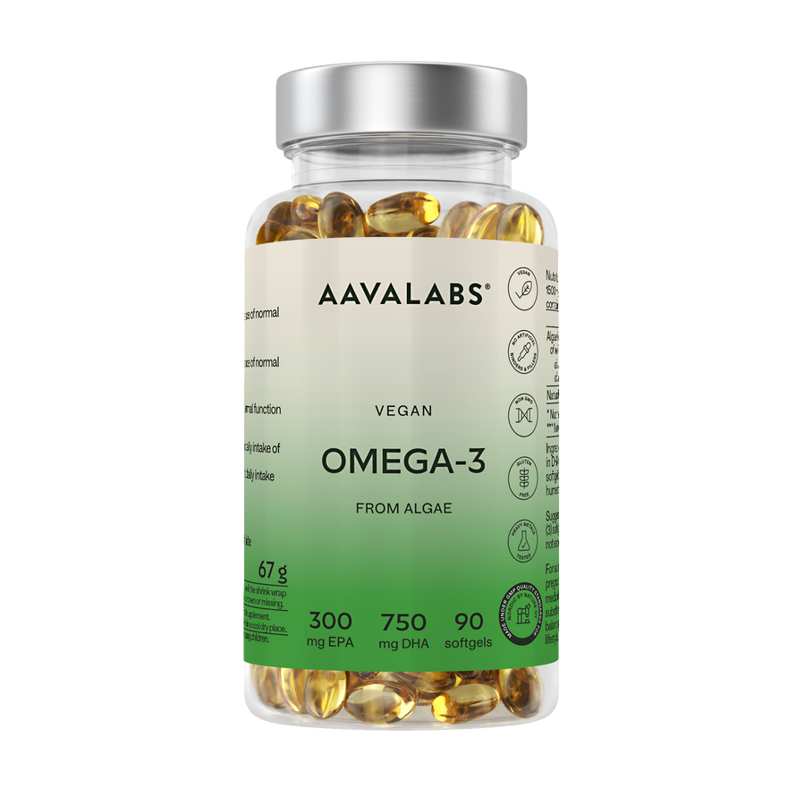 A bottle of AAVALABS Vegan Omega-3 from Algae softgels, featuring a clear bottle filled with yellow softgel capsules, a white and green label, and a metallic silver cap, set against a plain white background.