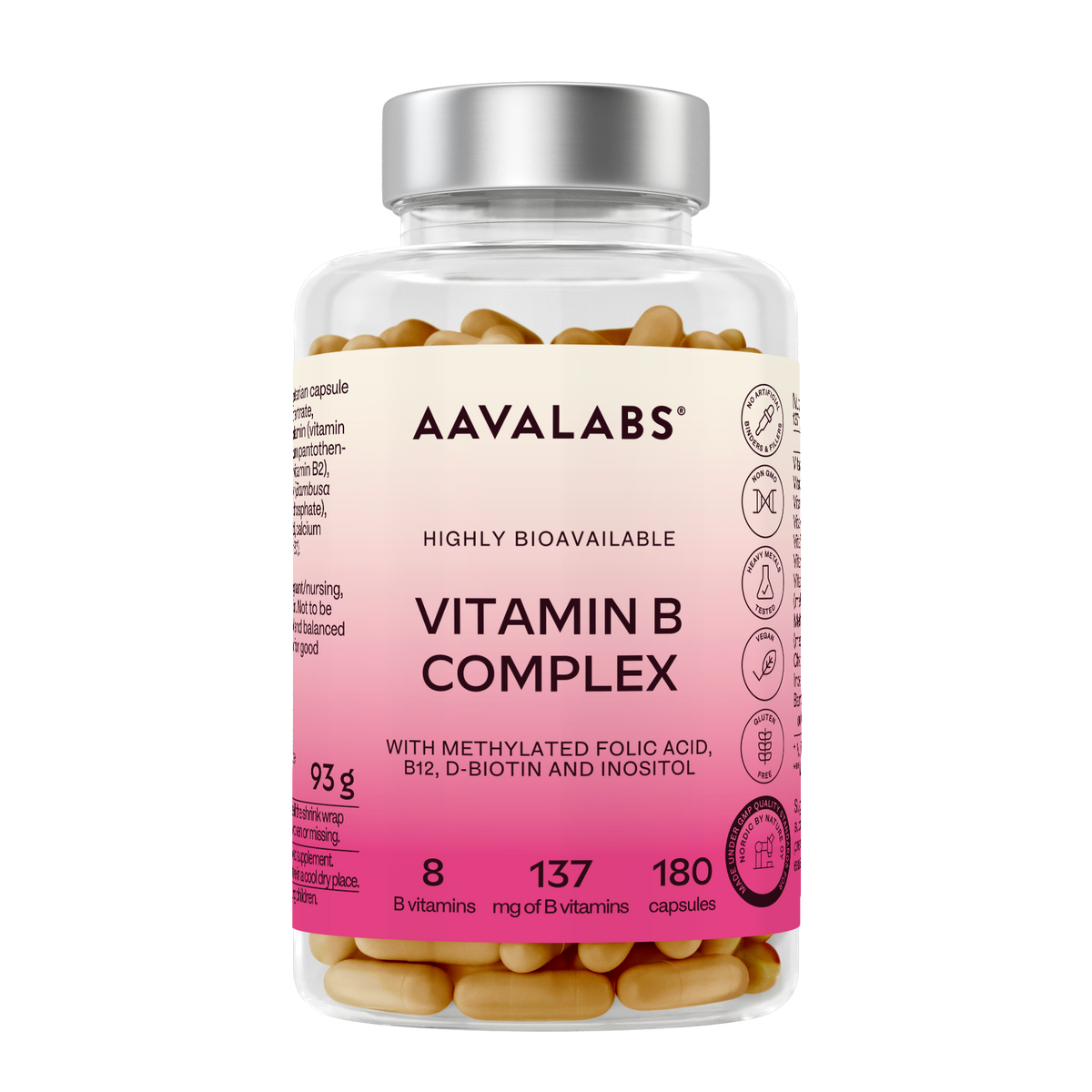 A clear plastic bottle of AAVALABS Vitamin B Complex capsules with a silver cap and a pink-to-cream label, showing the tan capsules inside.