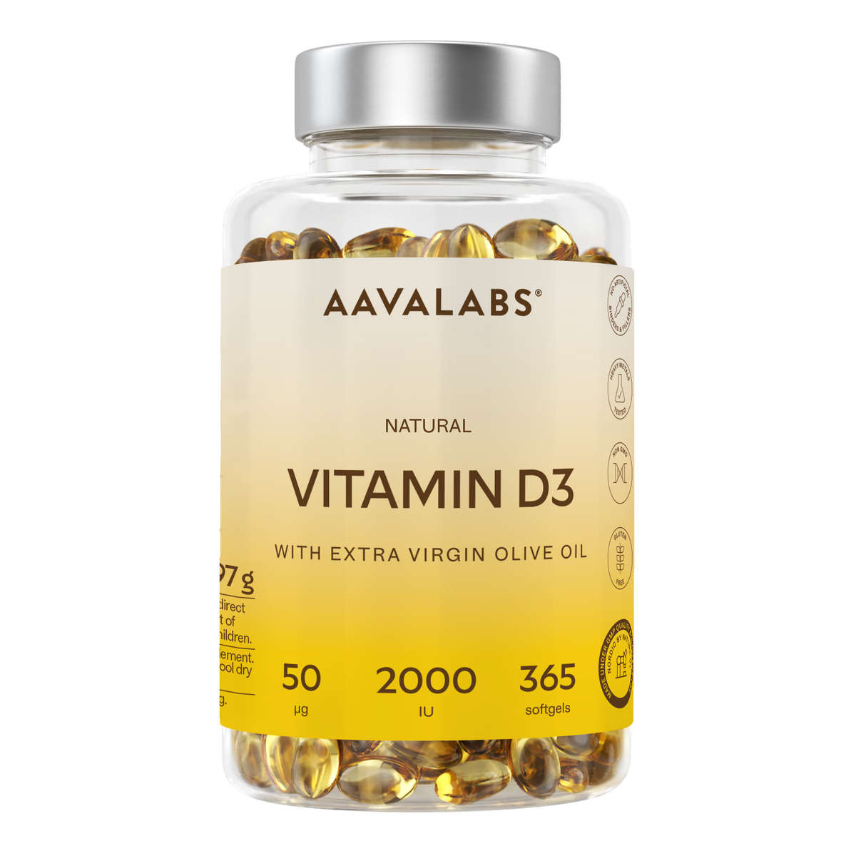 A clear plastic bottle of AAVALABS Natural Vitamin D3 softgels with a silver cap and a beige-to-yellow label, filled with golden-yellow softgels, on a solid white background.