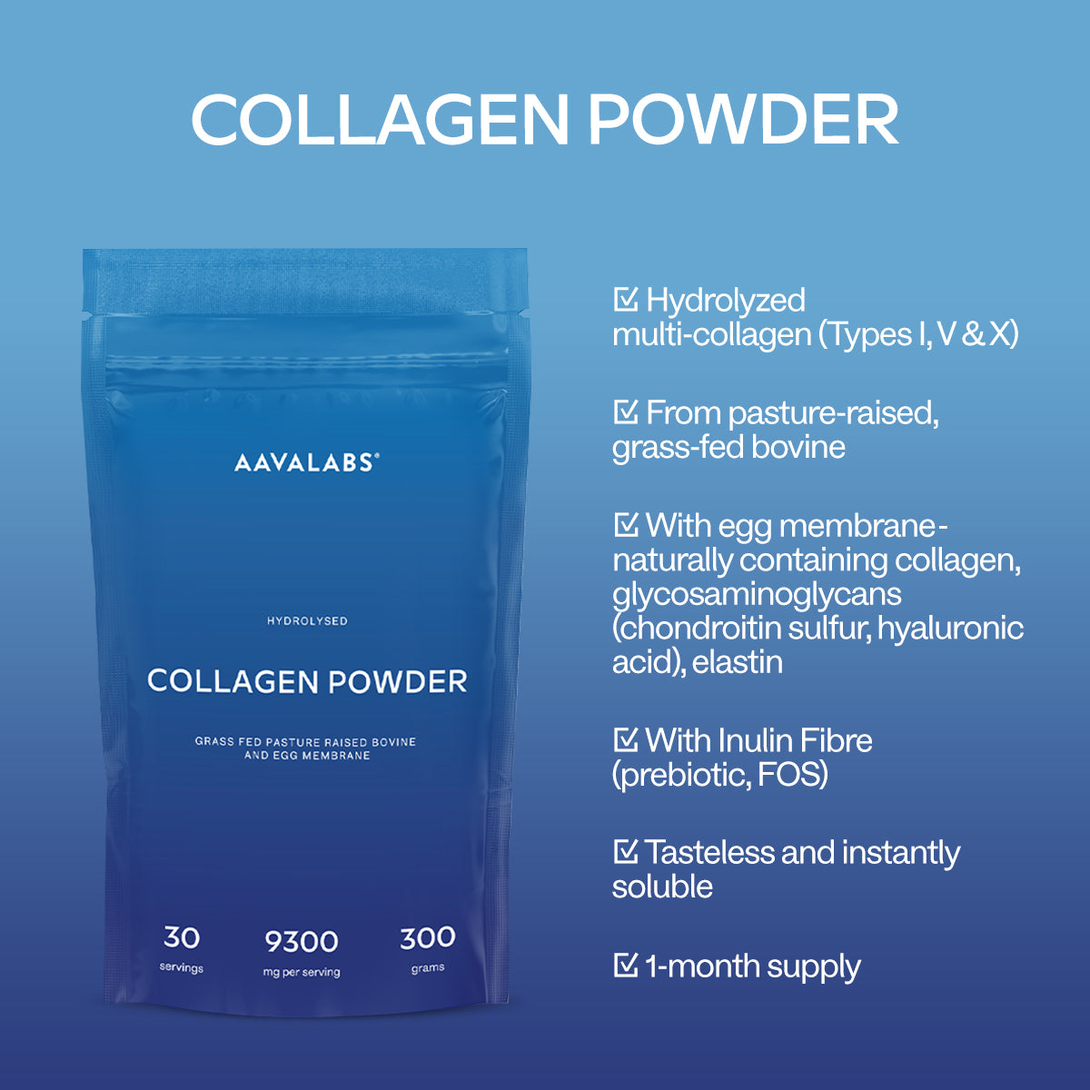 AAVALABS hydrolyzed collagen powder in a clear jar, showing fine collagen powder for skin and joint support.