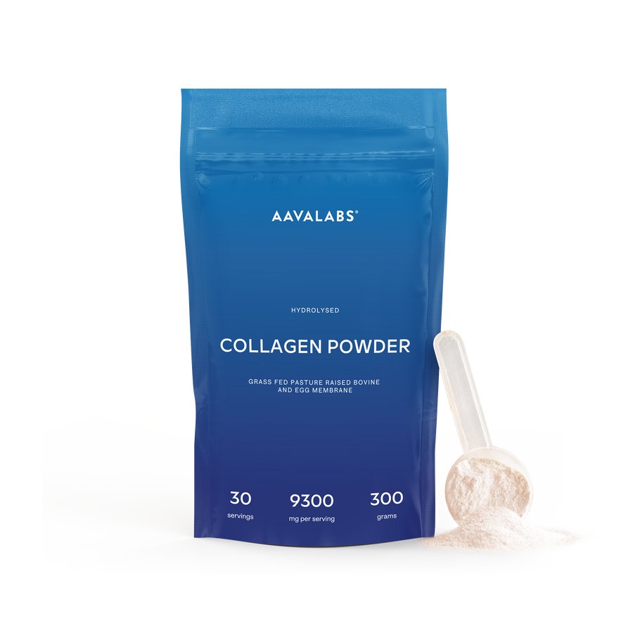 AAVALABS hydrolyzed collagen powder in a clear jar with scoop, showing the fine white powder inside.
