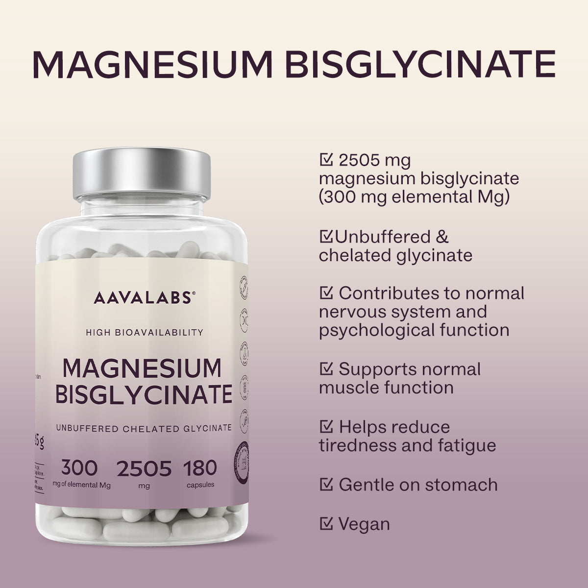 AAVALABS Magnesium Bisglycinate mineral supplement bottle with label showing product details and branding.