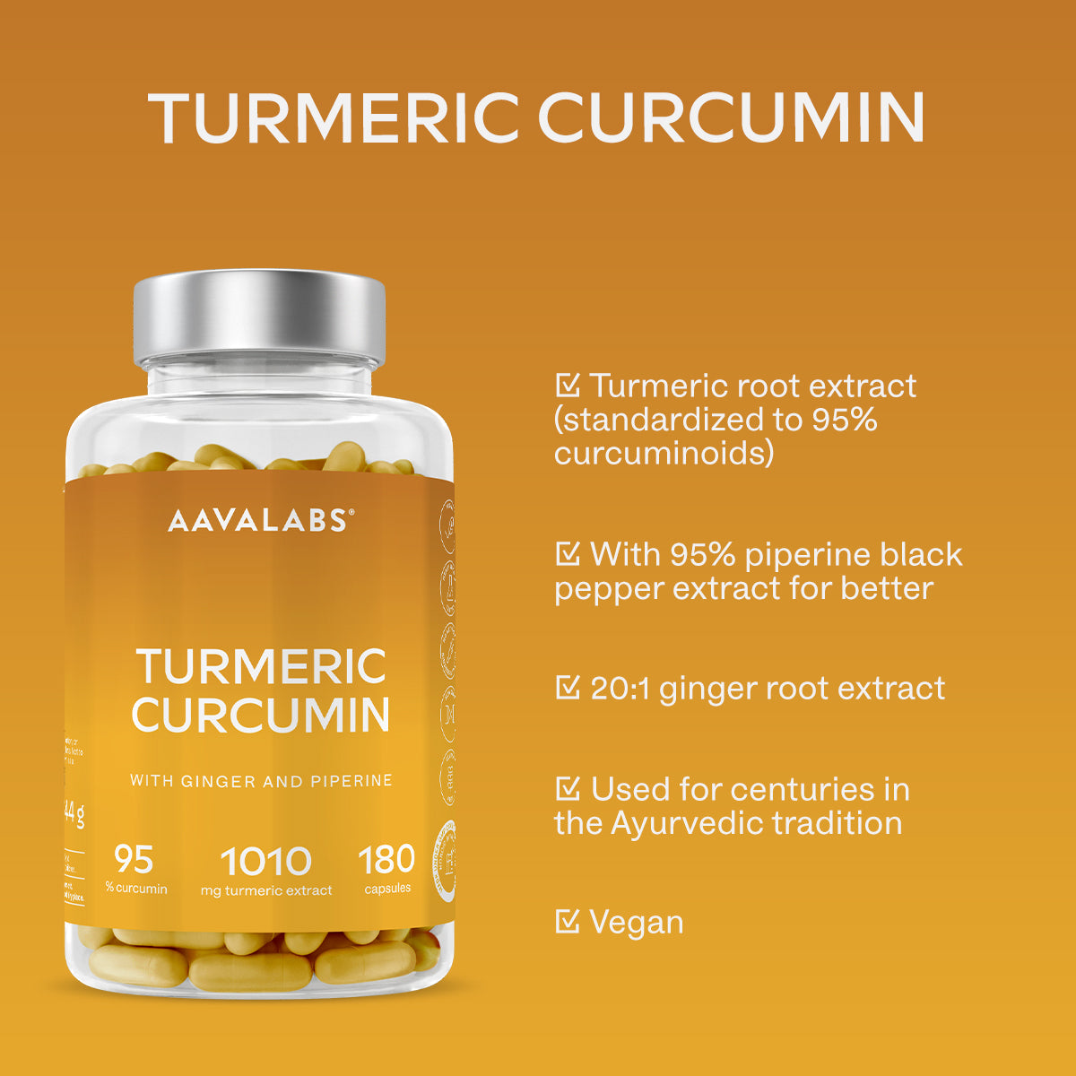 One clear plastic bottle of AAVALABS Turmeric Curcumin capsules with a silver cap on an orange background.
