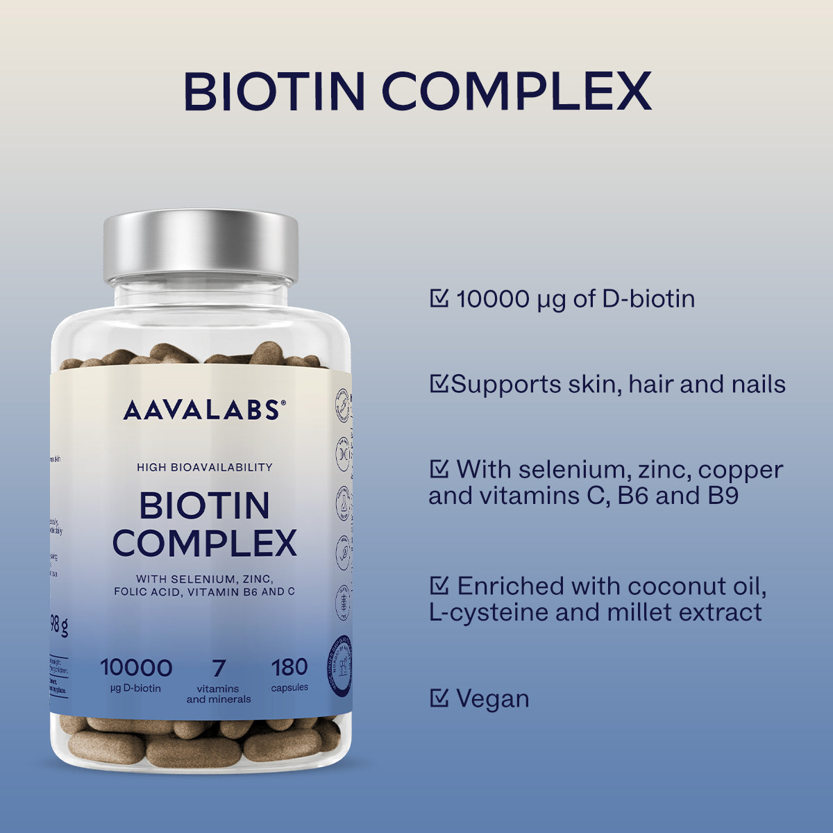 AAVALABS Biotin Complex vitamins bottle with label, featuring a clear view of the supplement container and branding.