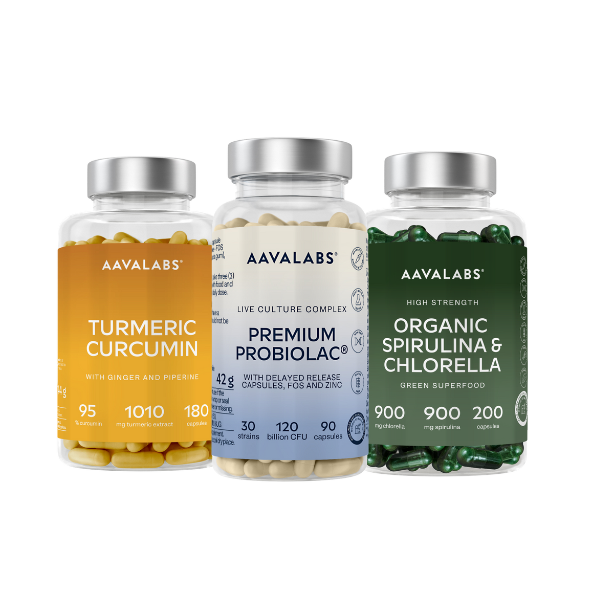Three AAVALABS dietary supplement bottles on a white background: Turmeric Curcumin with an orange label, Premium Probiolac with a light blue label, and Organic Spirulina & Chlorella with a dark green label.